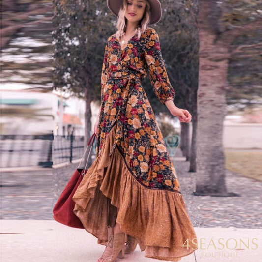 Happie Queens Women Floral Print Long Sleeve Irregular Hem Beach Bohemian Maxi Dress Ladies Boho