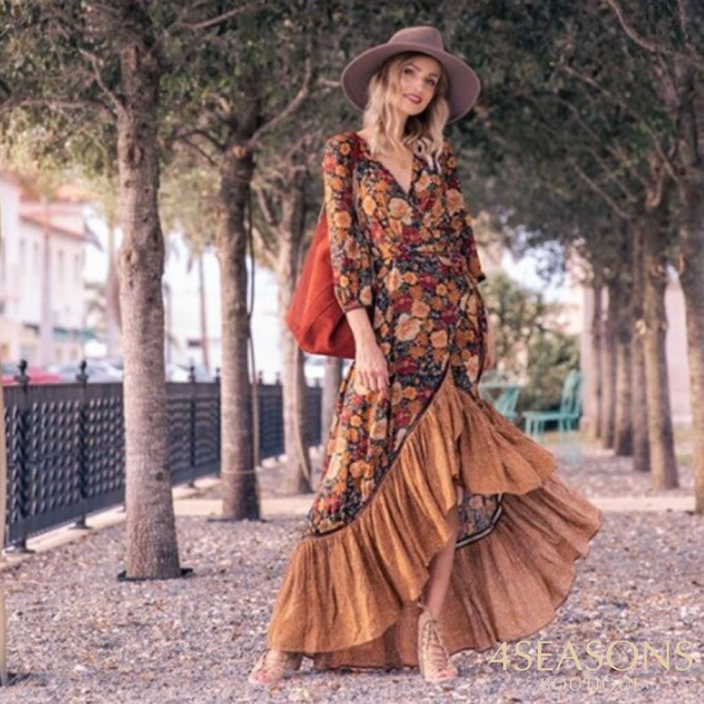Happie Queens Women Floral Print Long Sleeve Irregular Hem Beach Bohemian Maxi Dress Ladies Boho