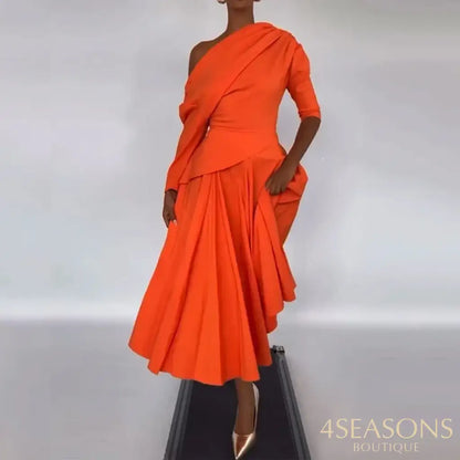 Ellafads Long Dress Women’s Summer Clothing Elegant Solid Long Sleeve One Shoulder Irregular Pleated Nipped Waist Party