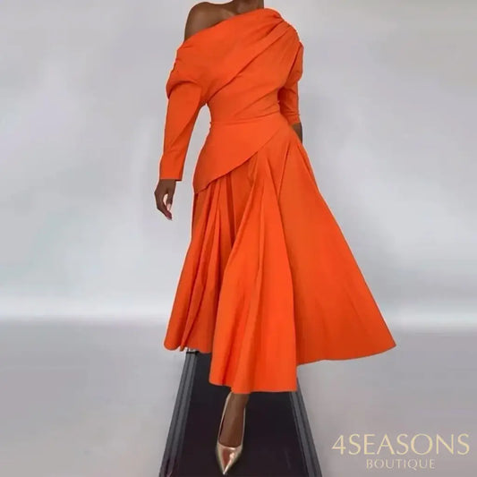 Ellafads Long Dress Women’s Summer Clothing Elegant Solid Long Sleeve One Shoulder Irregular Pleated Nipped Waist Party