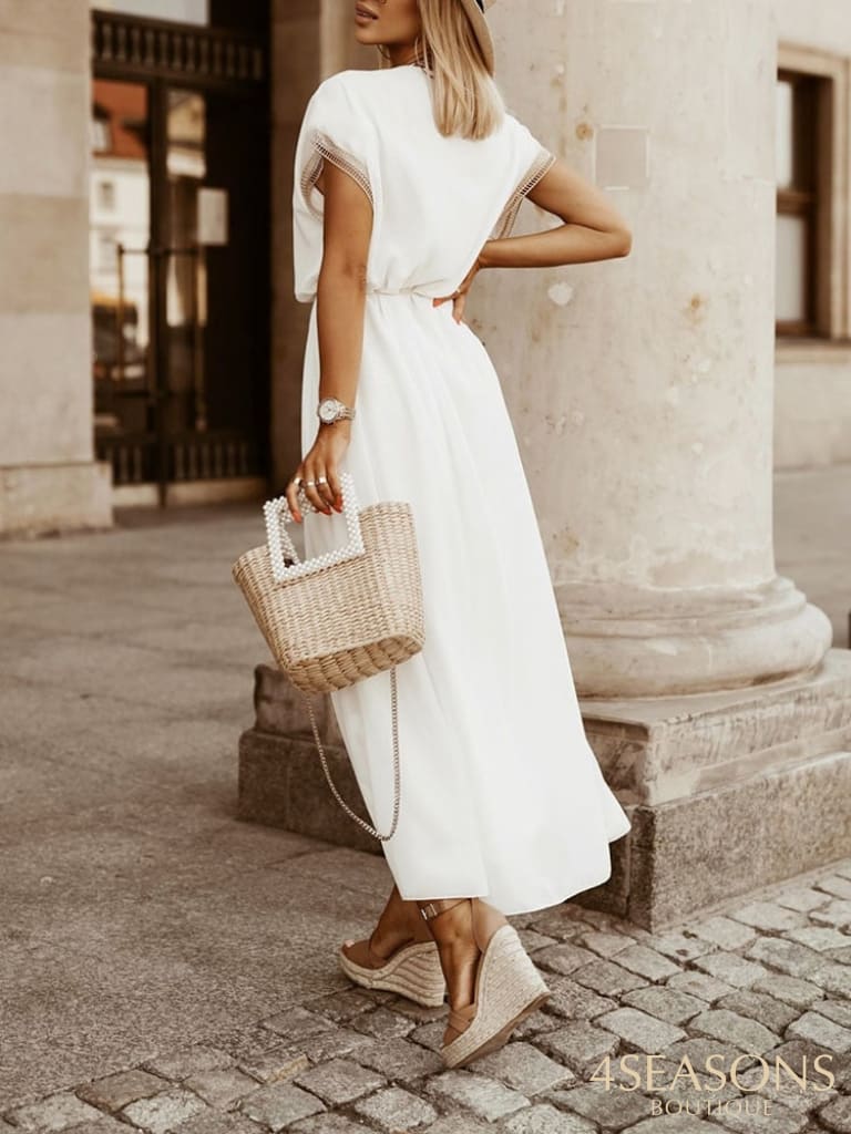 Sexy V Neck Short Sleeve Beach Dress 2022 High Waist A Line Lace Up Ruffles Women Casual Loose