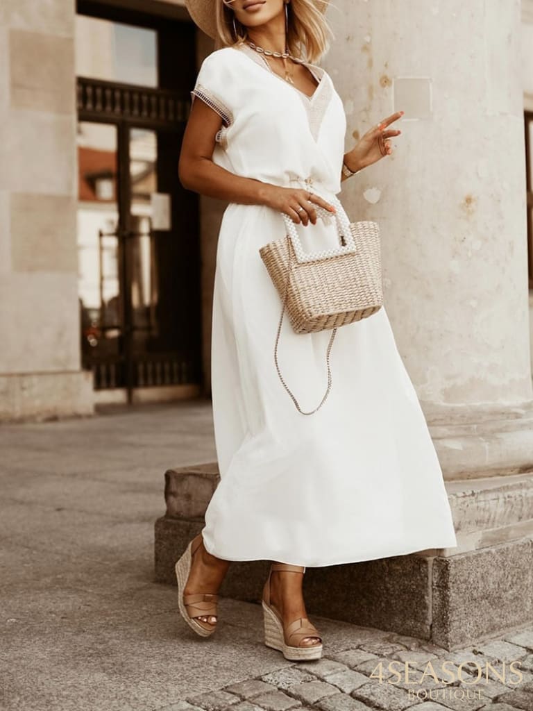 Sexy V Neck Short Sleeve Beach Dress 2022 High Waist A Line Lace Up Ruffles Women Casual Loose