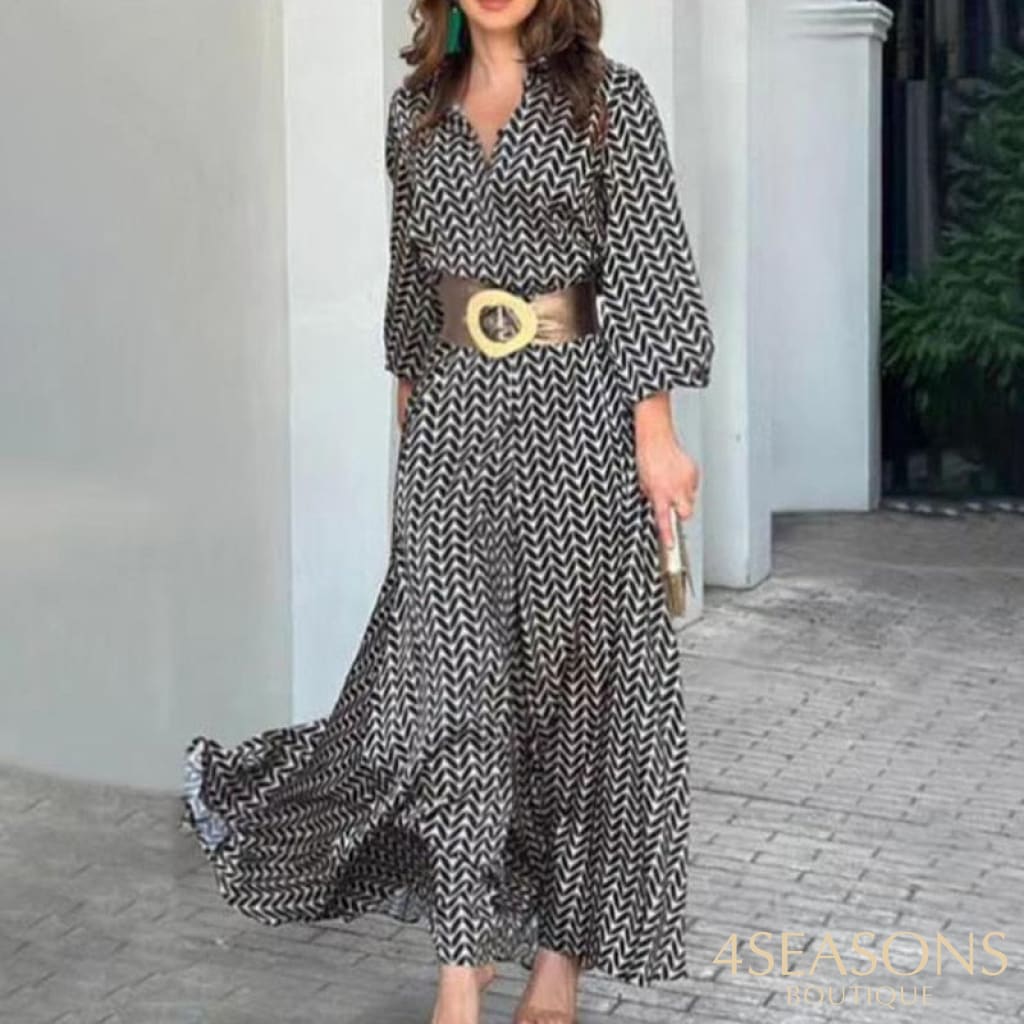 Fashion High Street Bohemian Dress Spring Summer Women Turn-Down Collar Shirt Maxi Casual Print Long