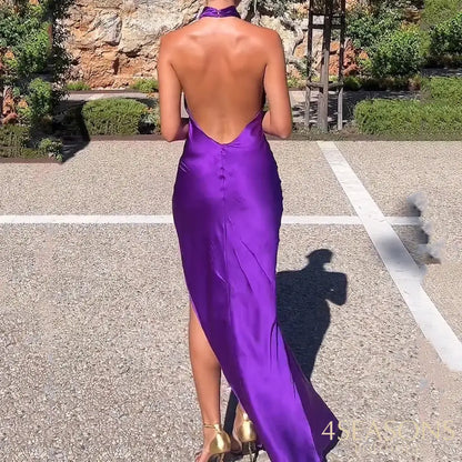 Waytobele Women Maxi Dress Summer Elegant Sleeveless Solid Halterneck Backless Slit Nipped Waist