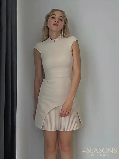 Lady Elegant Solid Pleated Hemline Mini Dress Fashion Slim Cap Sleeves Stand Neck Vestido 2024