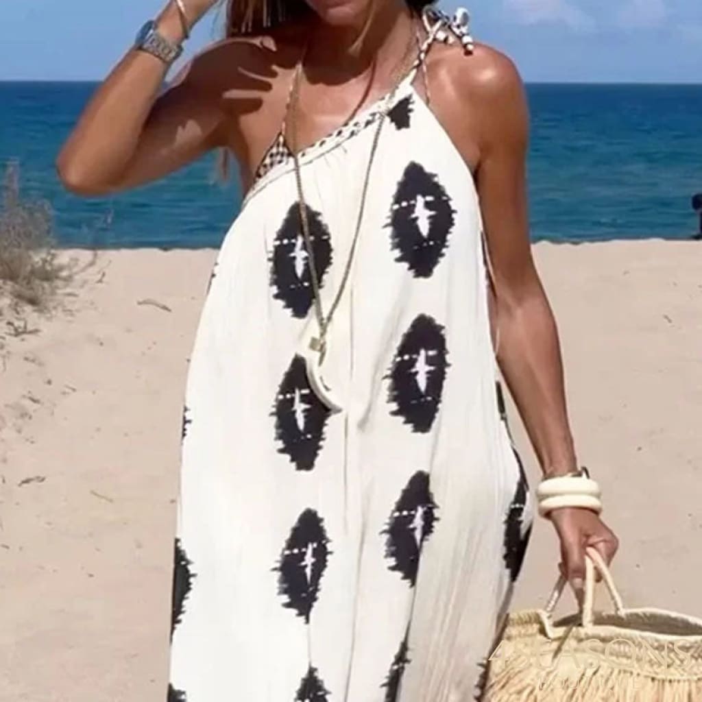 Mecocici Women Maxi Dress Fashion Casual One Shoulder Lace Up Sleeveless Loose Elegant Party Beach