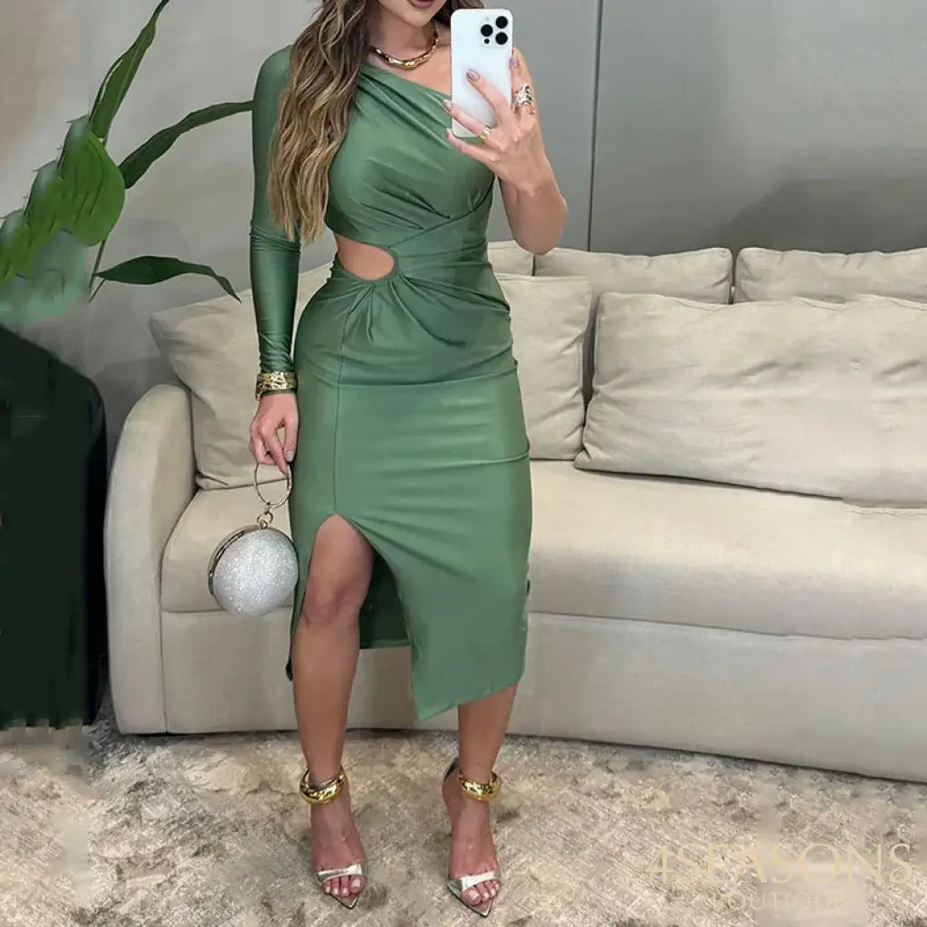 Wefads Women Midi Dress Autumn Elegant Solid Long Sleeve One Shoulder Hollow Out Nipped Waist Slit