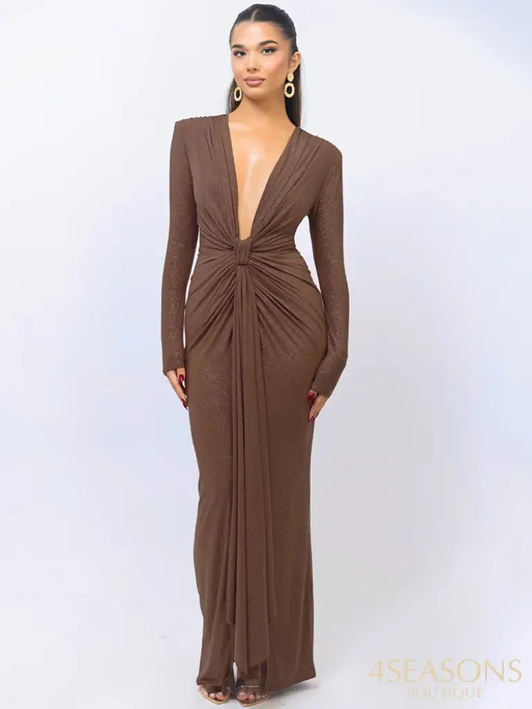 Mozision Glitter Deep V Neck Sexy Maxi Dress For Women Elegant Sparkle Long Sleeve Ruched Bodycon