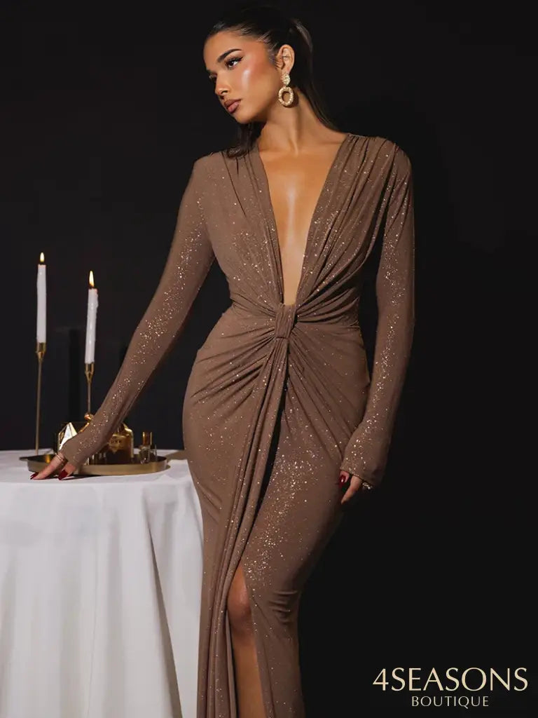 Mozision Glitter Deep V Neck Sexy Maxi Dress For Women Elegant Sparkle Long Sleeve Ruched Bodycon