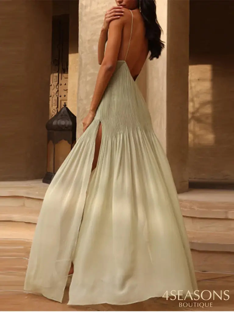 Sexy Backless Party Dress Women V-Neck Sleeveless Sling Green Maxi Female Beach Dresses 2024 Summer