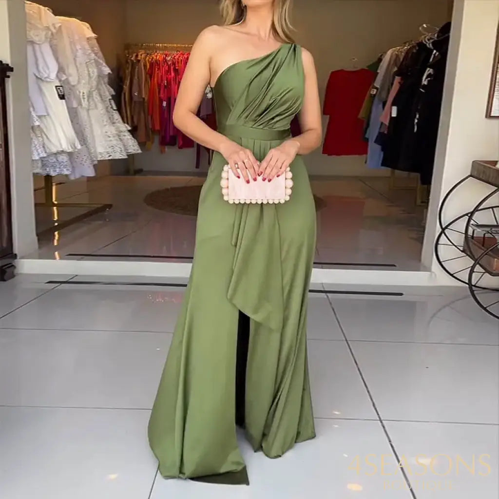 Ellafads Women’s Maxi Dress Summer Elegant Solid One Shoulder Pleated Lace Up Slim Slit