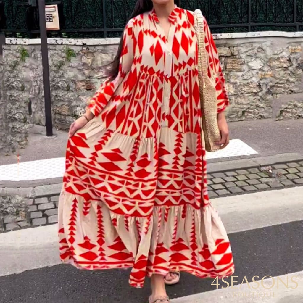 Ellafads Women Maxi Dress Fashion Casual Loose Style Long Sleeve Art Print V Neck With Button Skirt