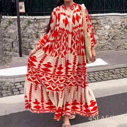 Ellafads Women Maxi Dress Fashion Casual Loose Style Long Sleeve Art Print V Neck With Button Skirt