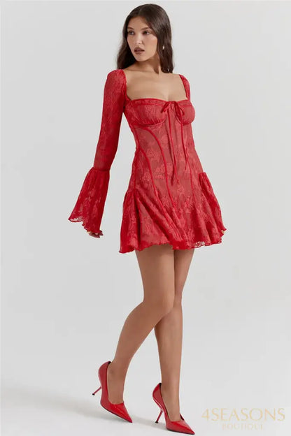 Lace Flare Sleeve High Waist Mini Dress Women Square Collar Low Cut Backless Pleated Dresses 2024