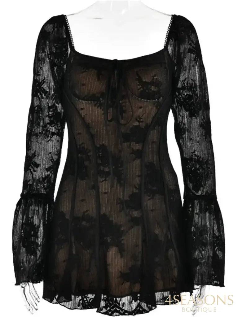Lace Flare Sleeve High Waist Mini Dress Women Square Collar Low Cut Backless Pleated Dresses 2024