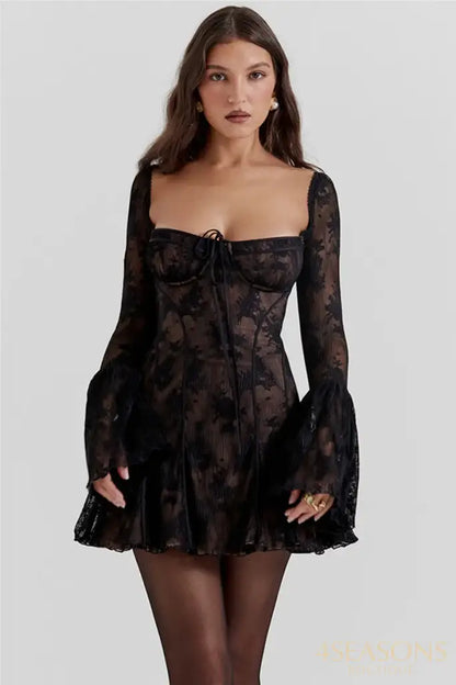 Lace Flare Sleeve High Waist Mini Dress Women Square Collar Low Cut Backless Pleated Dresses 2024