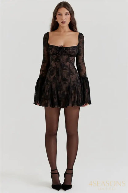 Lace Flare Sleeve High Waist Mini Dress Women Square Collar Low Cut Backless Pleated Dresses 2024