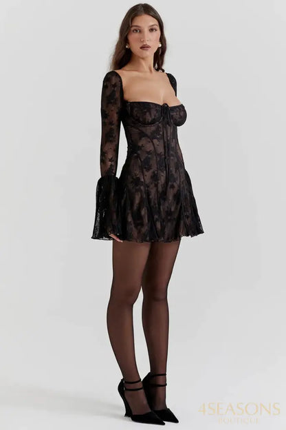 Lace Flare Sleeve High Waist Mini Dress Women Square Collar Low Cut Backless Pleated Dresses 2024